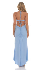 Plunge Neck Ruched Maxi Dress in Blue