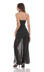 Strapless Chiffon Drop Skirt Maxi Dress in Black