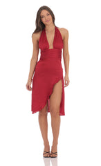 Satin Ruffle Slit Dress in Red