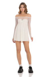 Mesh Off Shoulder Babydoll Dress in Ivory