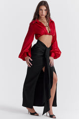 black draped silk maxi skirt