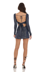 Long Sleeve Shimmer Side Slit Dress in Navy