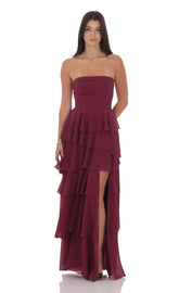 Corset Ruffle Strapless Maxi Dress in Plum
