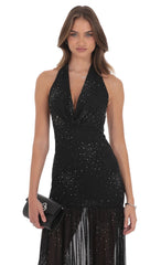 Rhinestone Plunge Cowl Neck Maxi Dress in Black