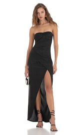 Overlap Shimmer Strapless Dress in Black