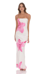 Satin Floral Open Back Maxi Dress in White