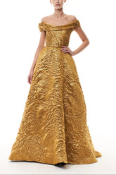 Off-The-Shoulder Gold Jacquard Ballgown