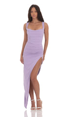 Ruched Side Slit Maxi Dress in Purple