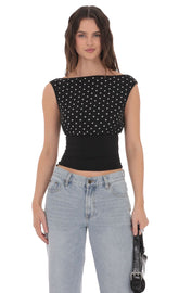 Polka Dot Boat Neck Top in Black
