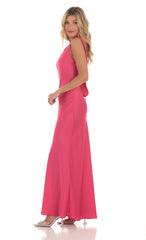 Satin High Neck Open Back Maxi Dress in Magenta