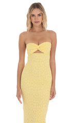 Strapless Textured Floral Twist Maxi Dress in Yellow