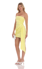 Satin Ruched Tassel Dress in Yellow