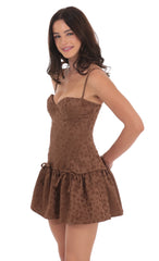 Floral Double Bow Drop Waist Dress in Brown