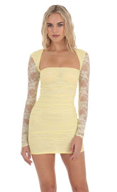 Lace Long Sleeve Bodycon Dress in Yellow