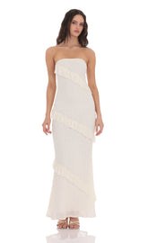 Strapless Lace Ruffle Maxi Dress in Ivory