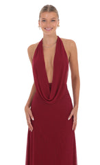 Mesh Plunge Cowl Neck Dress in Maroon