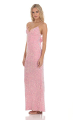 Velvet Sequin Back Bow Maxi Dress in Pink