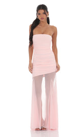 Mesh Fishtail Maxi Dress in Pink