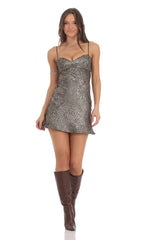 Satin Sweetheart Neck Dress in Cheetah Print