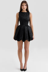 black backless embroidered mini puffball dress