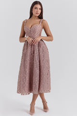 french rose jacquard sweetheart neckline midi dress