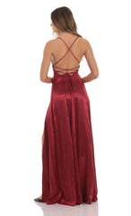 Satin Double Slit Maxi Dress in Deep Red