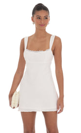 Lace Trim Open Back Dress in White