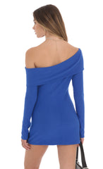 Ribbed Off Shoulder Dress in Blue