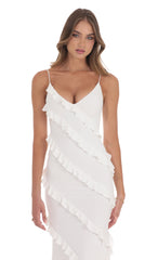 Ruffle V-Neck Maxi Dress in White