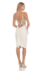 Mesh Floral Shimmer Cutout Midi Dress in Ivory