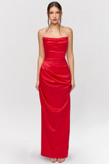 scarlet satin strapless gown