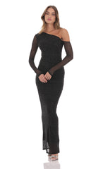 Off Shoulder Rhinestone Maxi Dress in Black