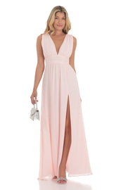 Chiffon Plunge Maxi Dress in Pink