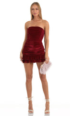 Velvet Ruched Bodycon Dress in Red