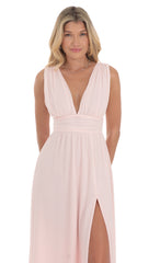 Chiffon Plunge Maxi Dress in Pink