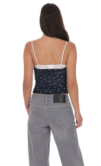 Ruched Polka Dot Mesh Top in Navy