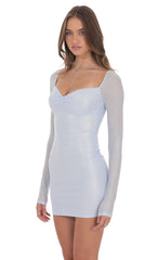 Foil Mesh Long Sleeve Bodycon Dress in Light Blue