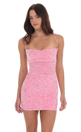 Cowl Sequin Velvet Dress in Pink