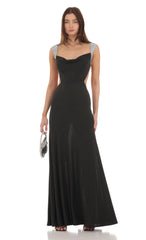 Silver Sequin Open Back Cowl Neck Dress in Black