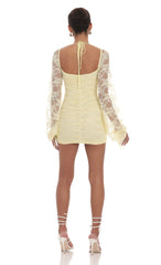 Lace Ruched Long Sleeve Dress in Yellow