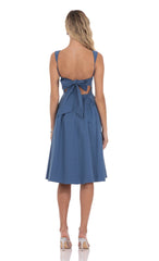 Square Neck Flare Midi Dress in Denim Blue
