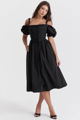 black puff sleeve midi sundress