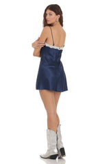 Satin Lace Bow Slit Dress in Navy