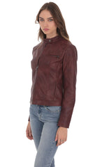 Faux Leather Biker Jacket in Burgundy