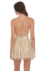 Sequin Beaded Fit and Flare Dress in Gold