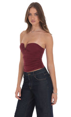 V-Strapless Ruched Top in Maroon
