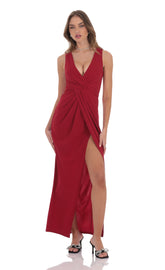 V-Neck Slit Maxi Dress in Red