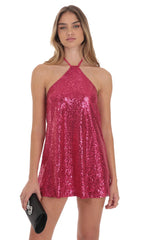 Sequin Halter Dress in Pink