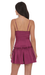 Satin Ruched Flare Dress in Magenta