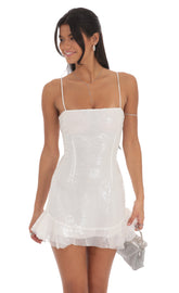 Sequin Ruffle Dress in White